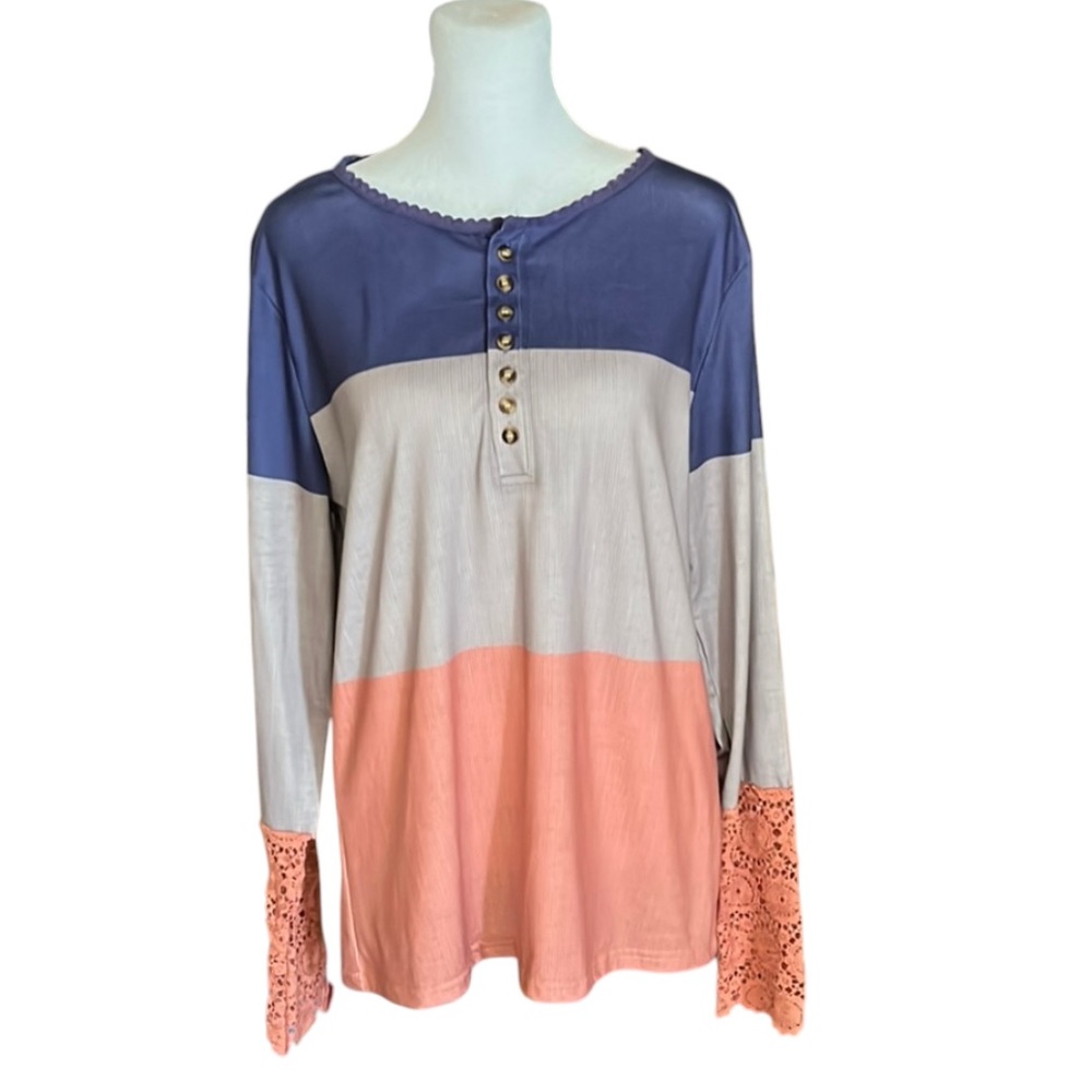 Unbranded Colorblock Crochet Lace Sleeve Henley Shirt Size XL - Picture 2 of 9